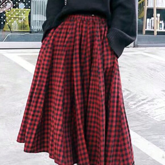 Red And Black Casual Women's Plaid Pocket A-Line Skirt